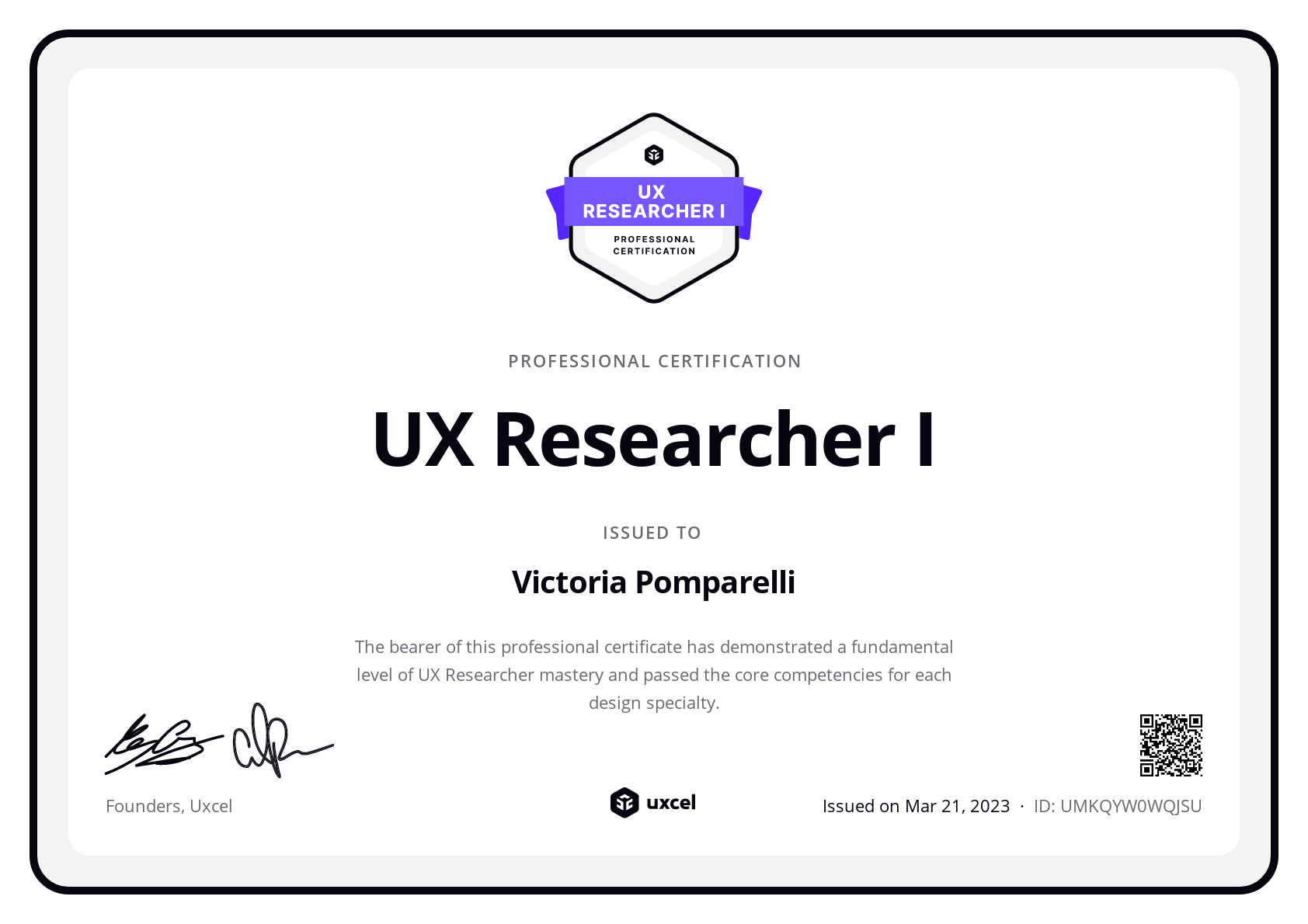 Victoria Pomparelli's certificate